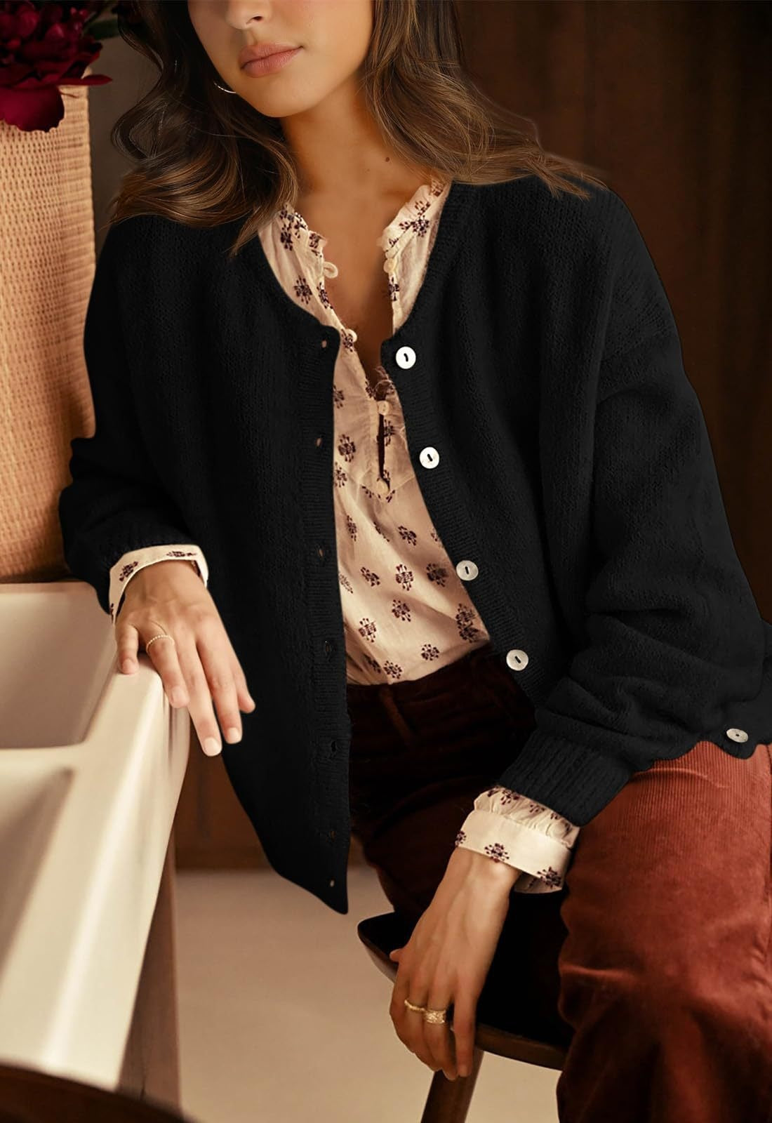 Womens Oversized Button Front Cardigan Knit Sweater