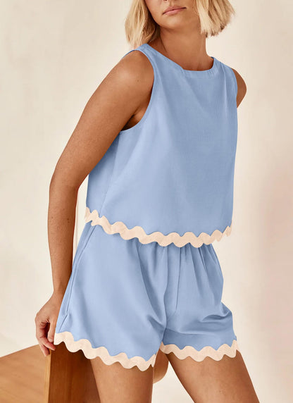Linen Lace Two-Piece Set - Summer Crew Neck Vest & Shorts
