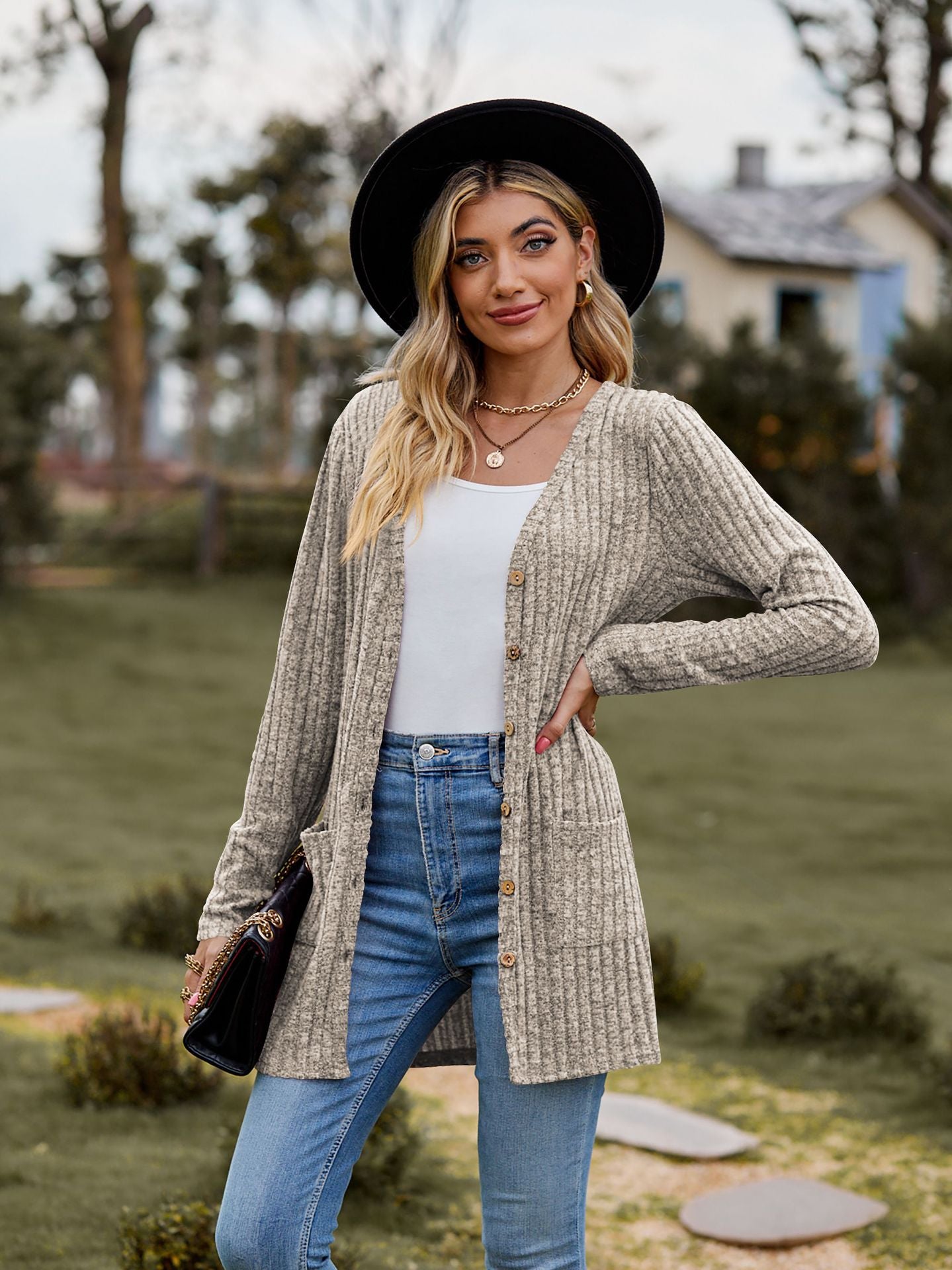 Ribbed Knit Cardigan Long Sleeve Button Pocket Sweater
