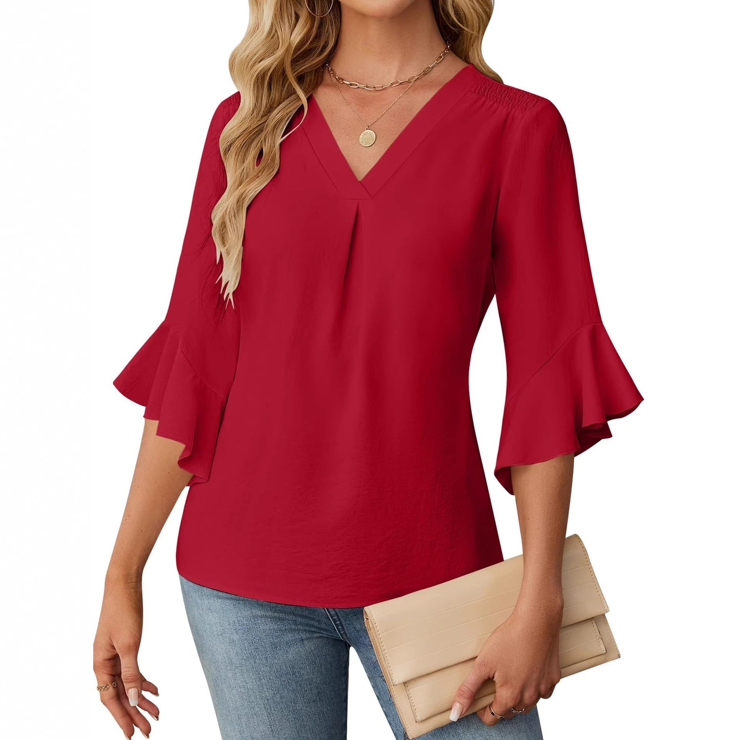 V Neck Ruffle Sleeve Chiffon Blouse Dressy Casual Top