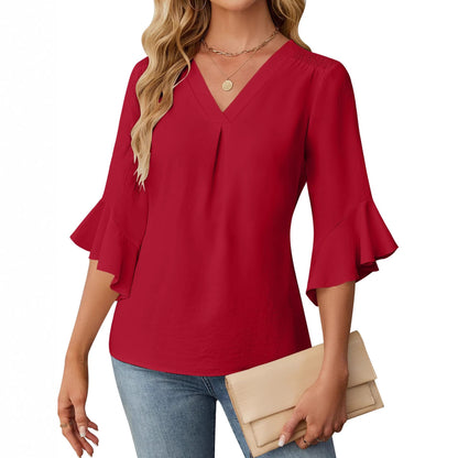 V Neck Ruffle Sleeve Chiffon Blouse Dressy Casual Top