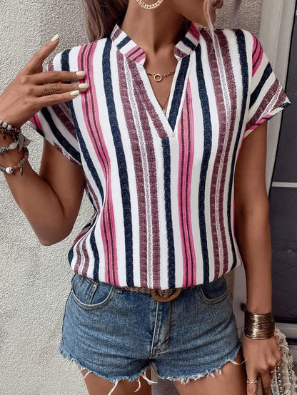 Striped V-Neck Batwing Sleeve Blouse for Women