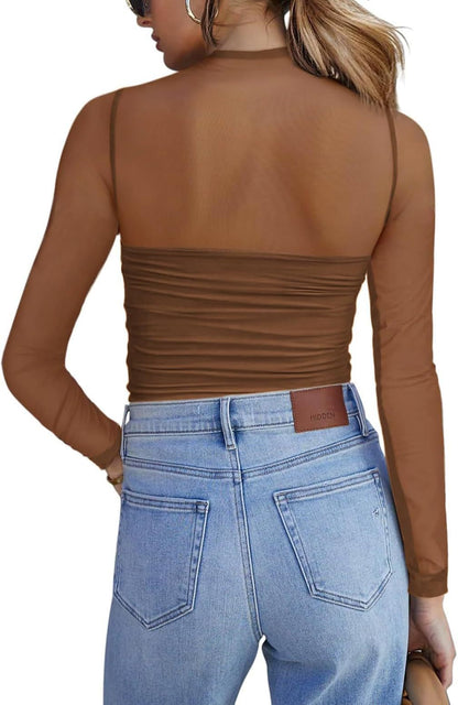 Y2K Mesh Semi-Turtleneck Long Sleeve Sexy T-Shirt