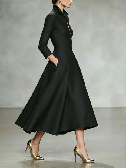 Women's Collared V Neck Long Sleeve Midi Shirt Dress