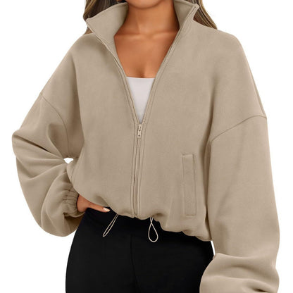 Women's Oversized Stand Collar Zip Up Fleece Jacket