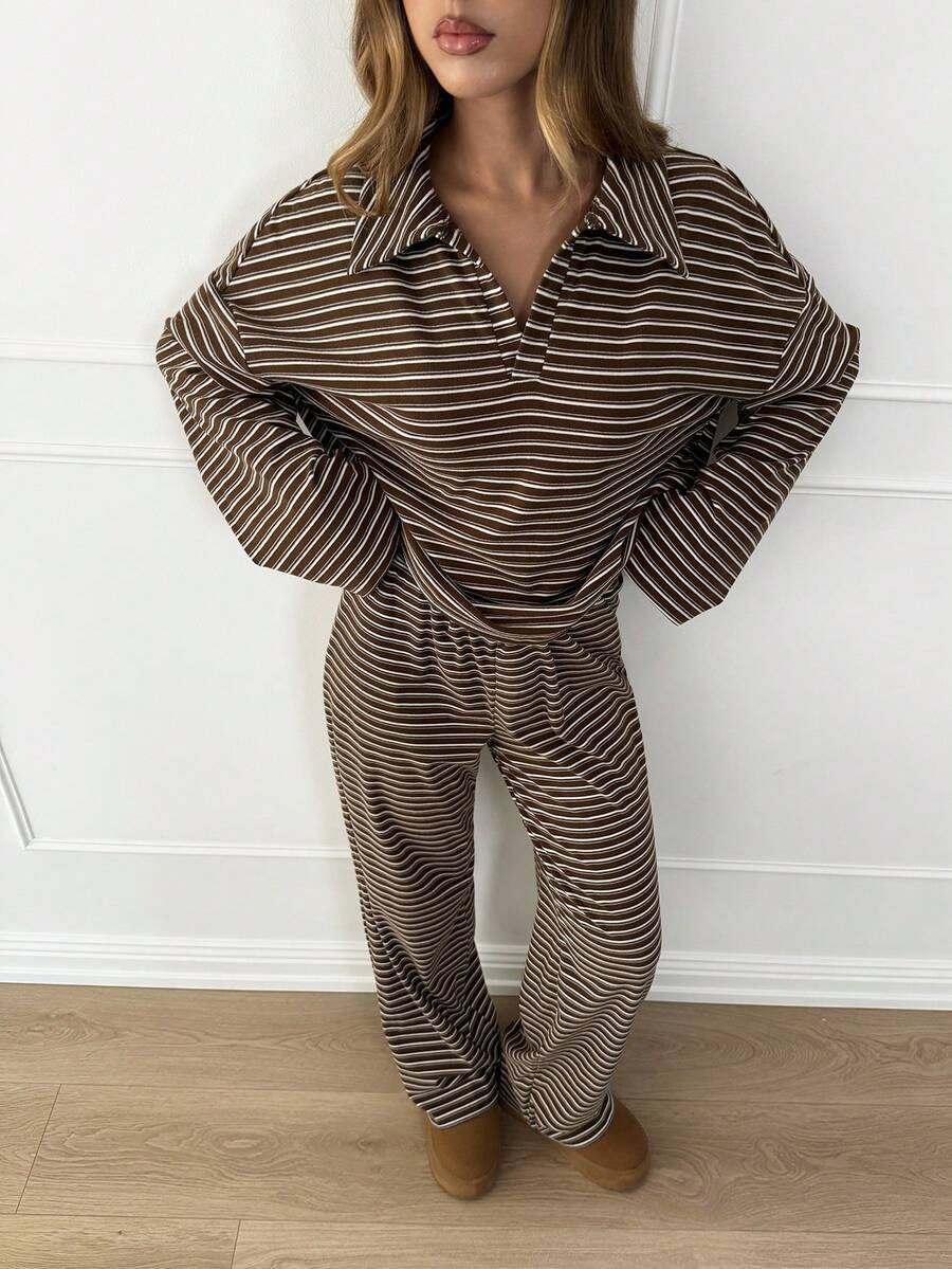 Striped Lounge Set Women Collared Pullover Wide Leg Pants