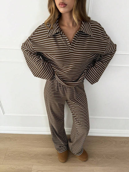 Striped Lounge Set Women Collared Pullover Wide Leg Pants