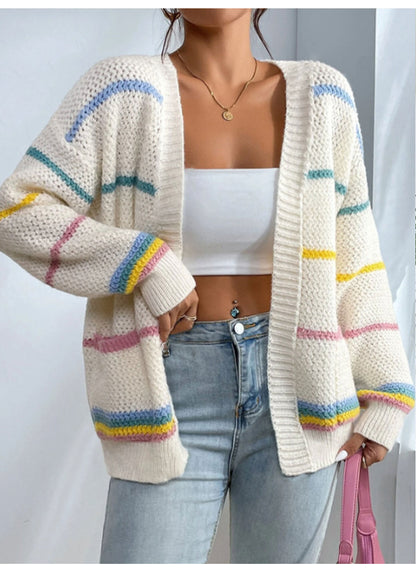 Women's Rainbow Striped Oversized Knit Cardigan