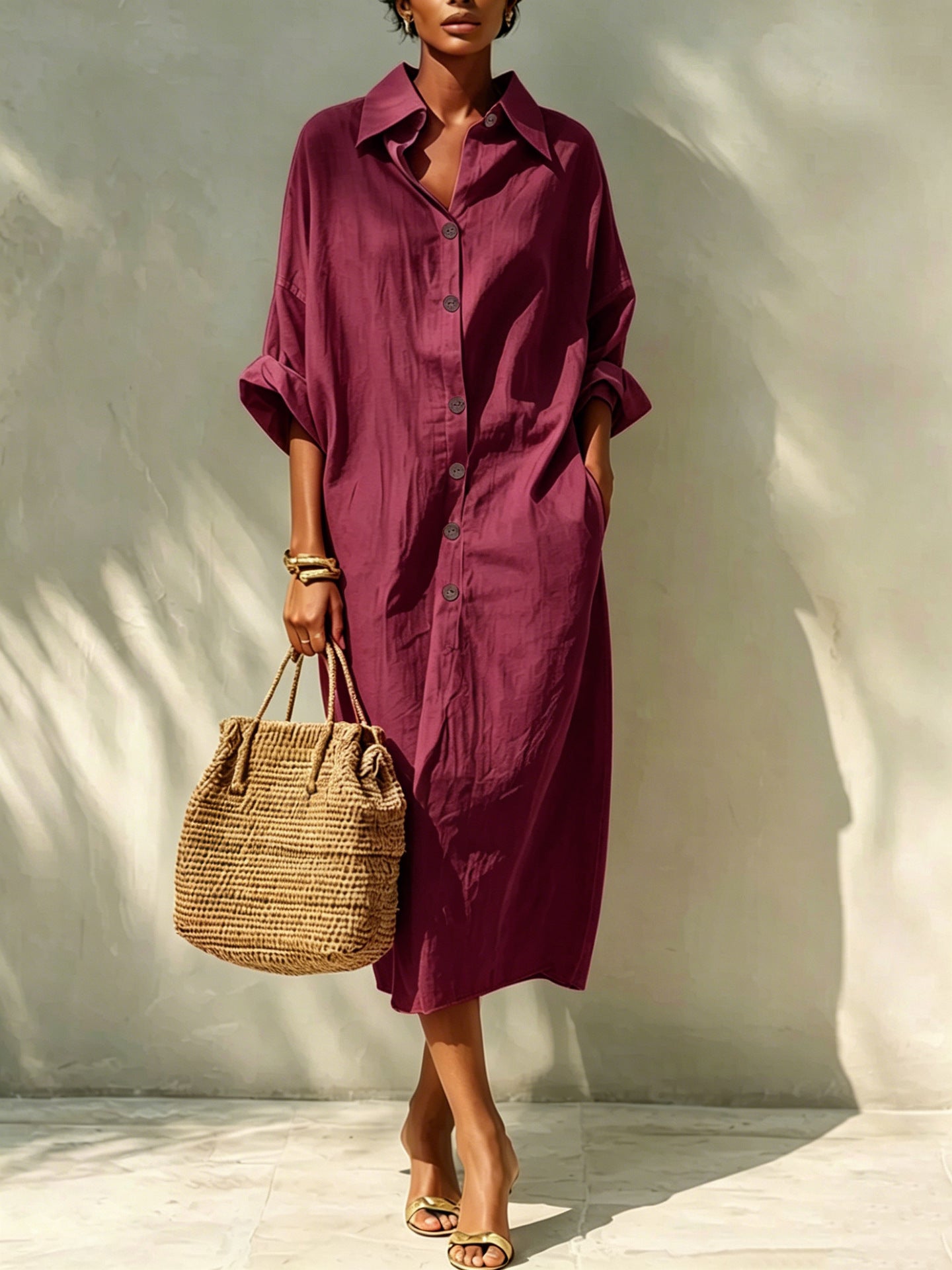 Women Oversized Shirt Dress Long Sleeve Button Down Midi