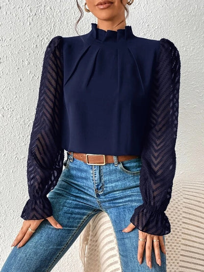 Mock Neck Chiffon Blouse Lace Sleeve Elegant Work Top