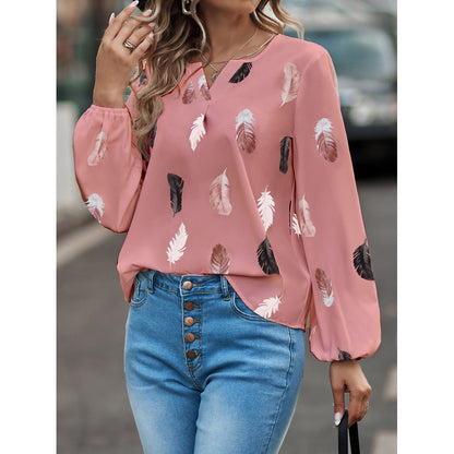 Feather Print V Neck Chiffon Blouse Long Sleeve Top