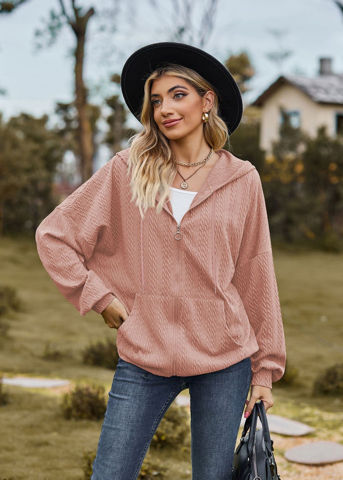 Oversized Textured Zip-Up Hoodie Jacket Pockets