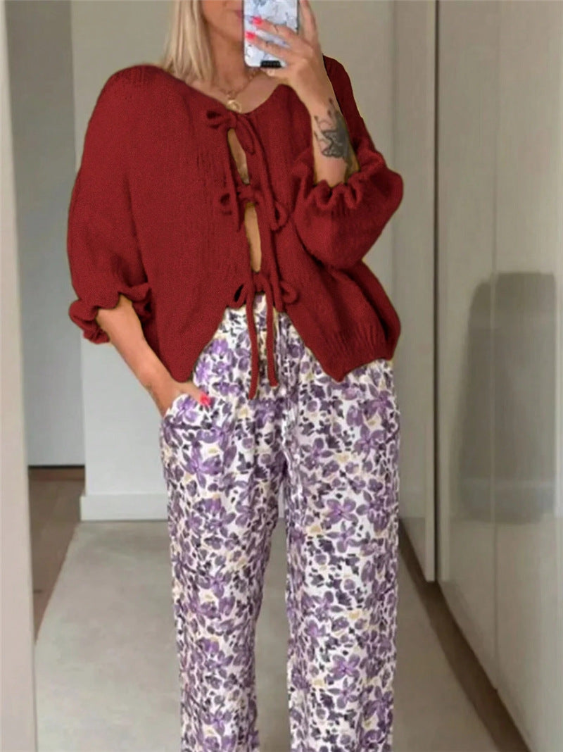 Women's Tie Front Knit Cardigan Ruffle Sleeve