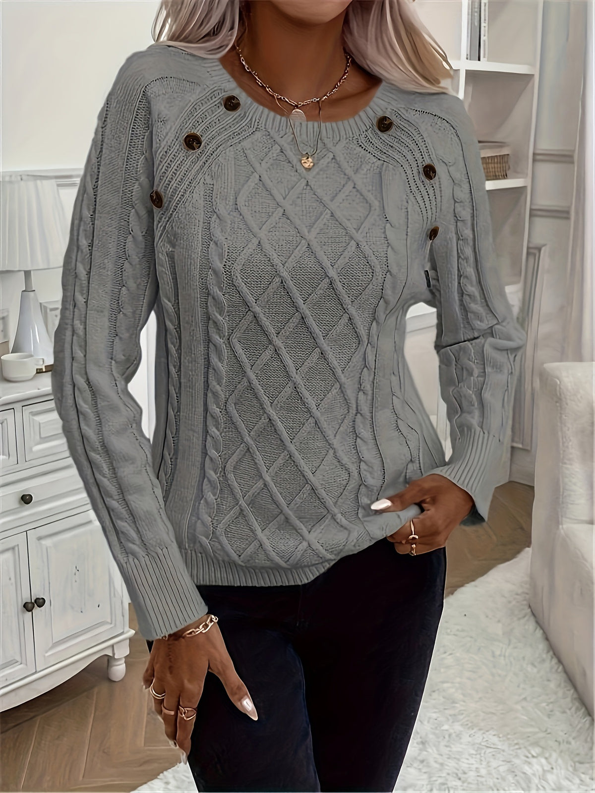 Women's Oversized Cable Knit Button Crew Neck Sweater
