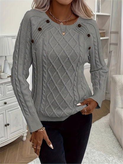 Women's Oversized Cable Knit Button Crew Neck Sweater