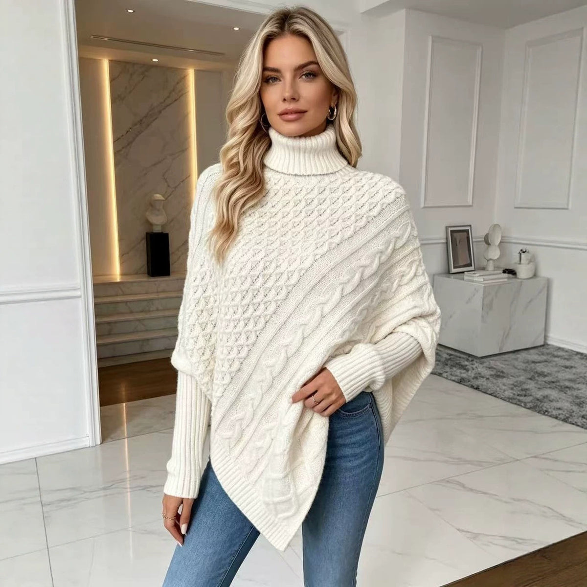 Women's Oversized Cable Knit Turtleneck Poncho Sweater