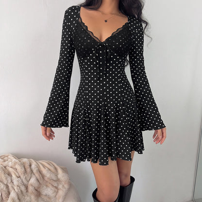 Polka Dot Lace Trim V Neck Long Sleeve Mini Dress