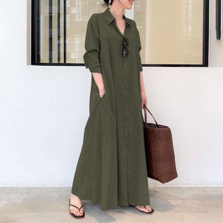 Women's Cotton Linen Maxi Shirt Dress Long Sleeve Pockets