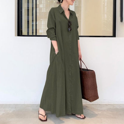 Women's Cotton Linen Maxi Shirt Dress Long Sleeve Pockets