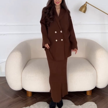 Elegant Two Piece Button Cardigan Maxi Skirt Set