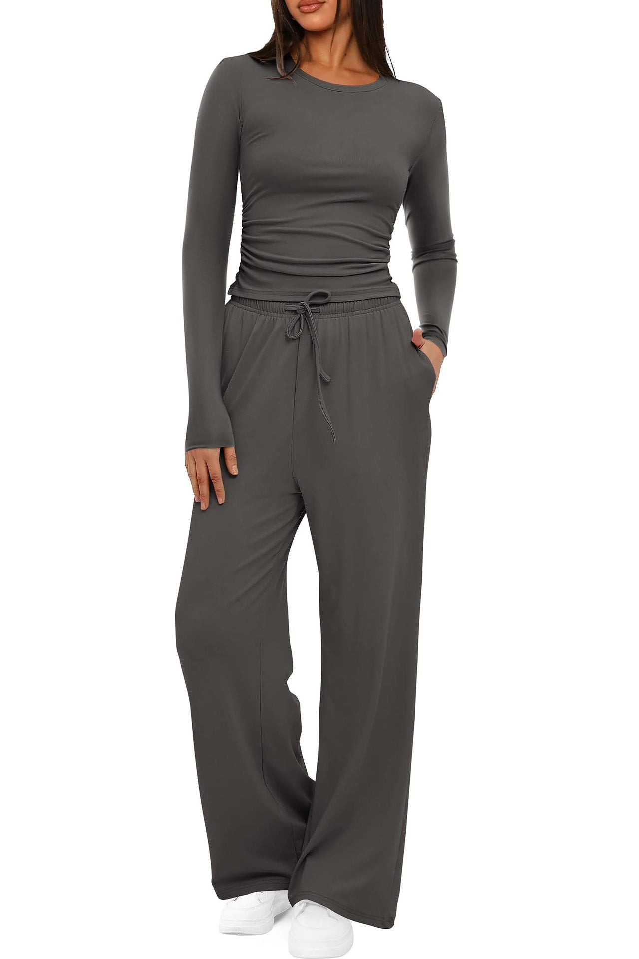 Women's Ruched Long Sleeve Top Wide Leg Pants Lounge Set