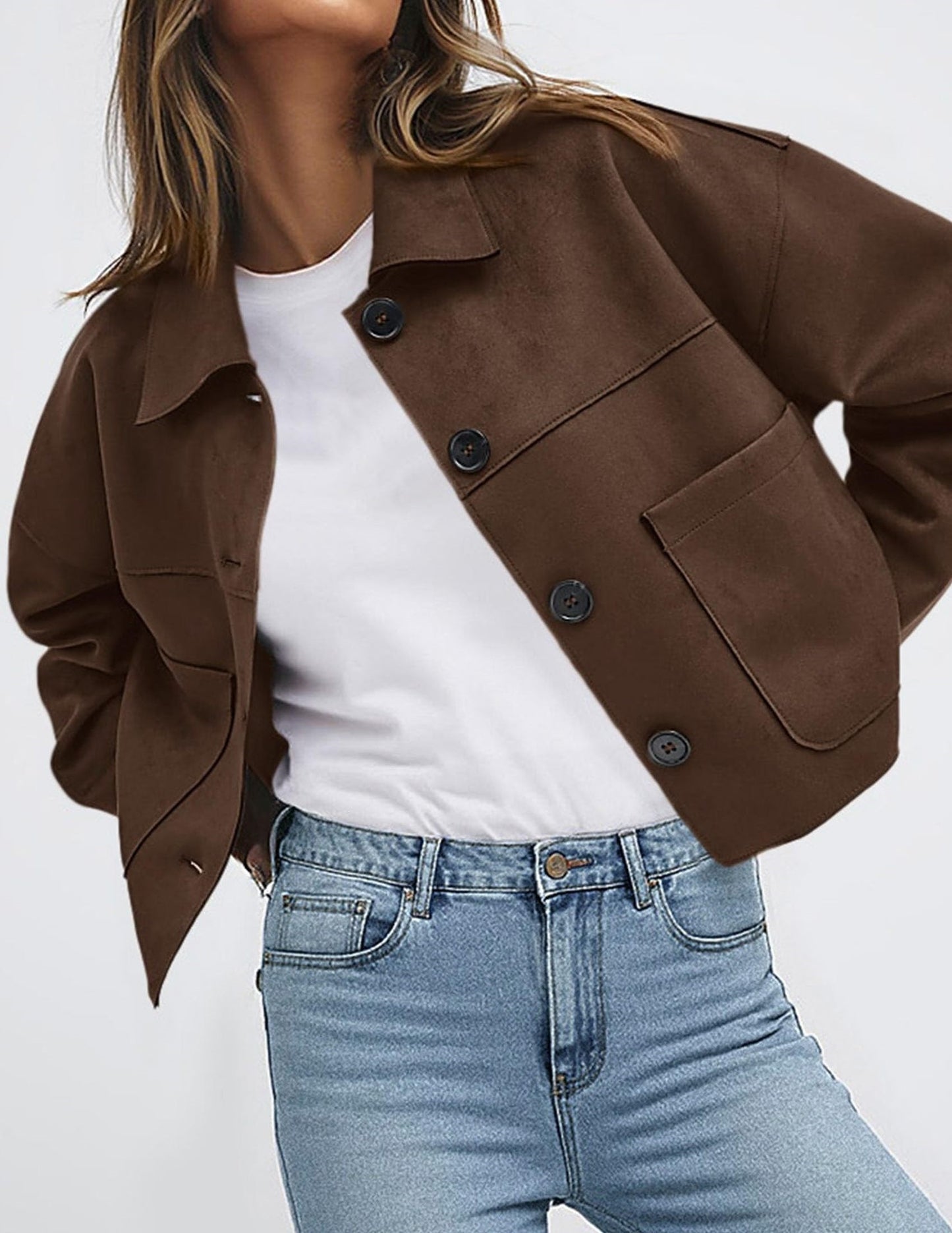 Faux Suede Cropped Button Front Jacket with Pockets