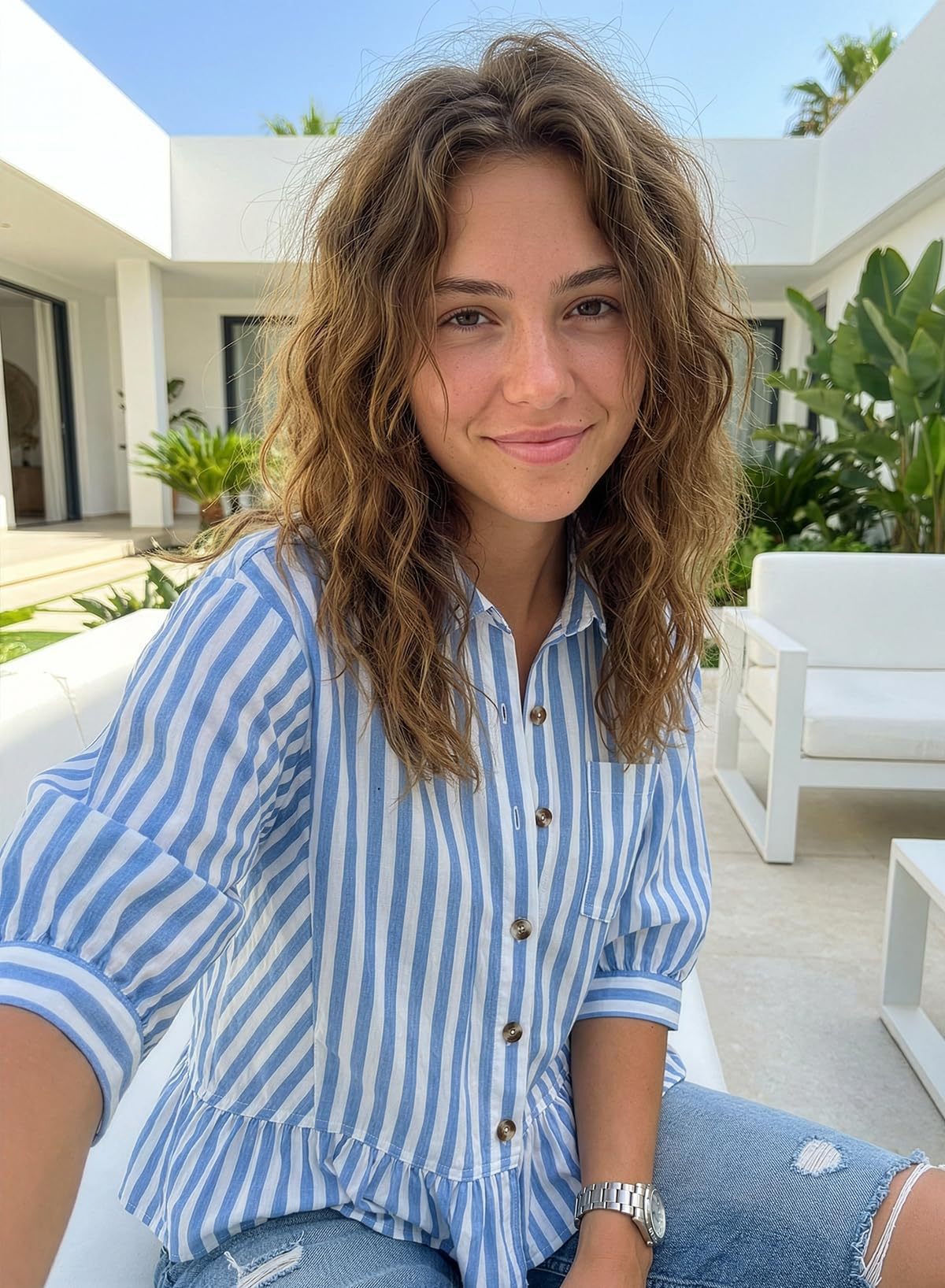 Striped Button Down Ruffle Hem 3/4 Sleeve Blouse