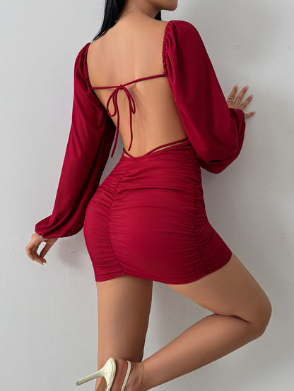 Burgundy Square Neck Long Sleeve Ruched Bodycon Mini Dress