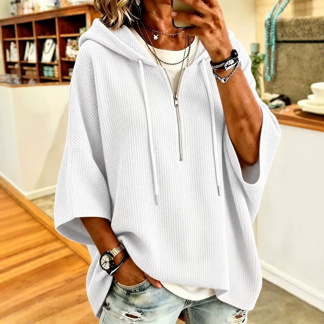 Women's Oversized Waffle Knit Half Zip Batwing Hoodie