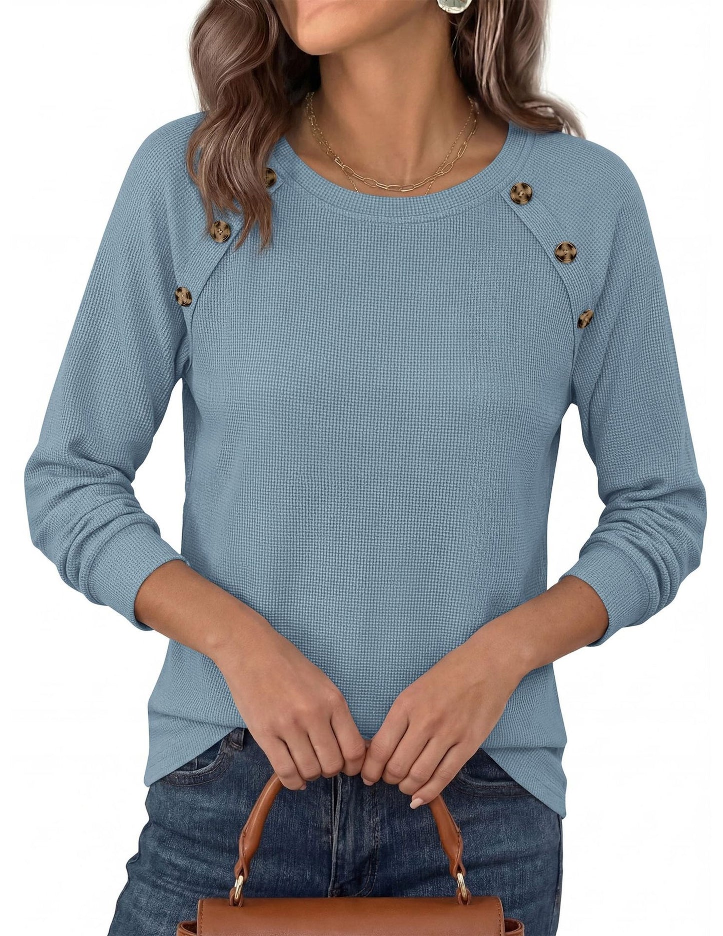 Waffle Knit Button Henley Top Crew Neck Long Sleeve Tee