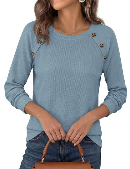 Waffle Knit Button Henley Top Crew Neck Long Sleeve Tee
