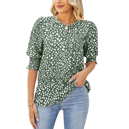 Loose Fit Printed Chiffon Short Sleeve Round Neck Shirt