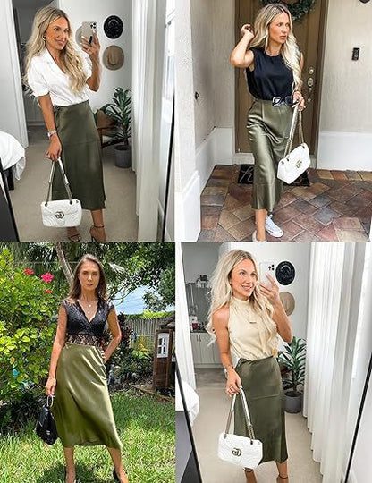 Women's Satin High-Waist Midi Skirt – Elegant Summer Slip Skirt