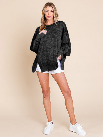 Acid Wash Oversized Sweatshirt Side Slit Drop Shoulder