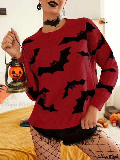 Women's Halloween Bat Crewneck Knit Sweater Pullover