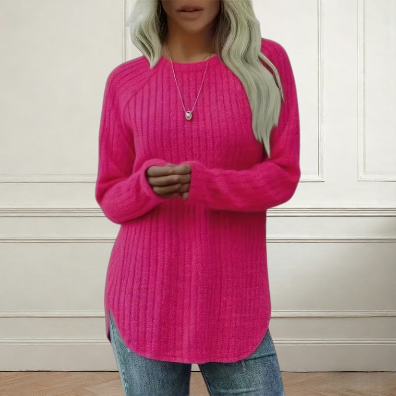 Plus Size Waffle Knit Tunic Long Sleeve Curved Hem Top