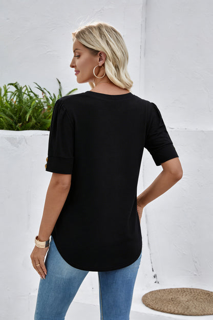 Solid Color V Neck Button Sleeve Puff Top Casual Tee