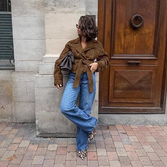 Women's Cropped Faux Suede Jacket Double Breasted Tie