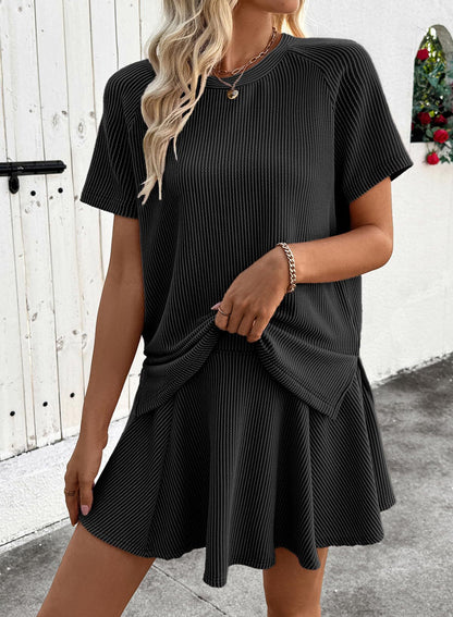 Ribbed Knit Skort Set Short Sleeve Top 2 Piece Outfit
