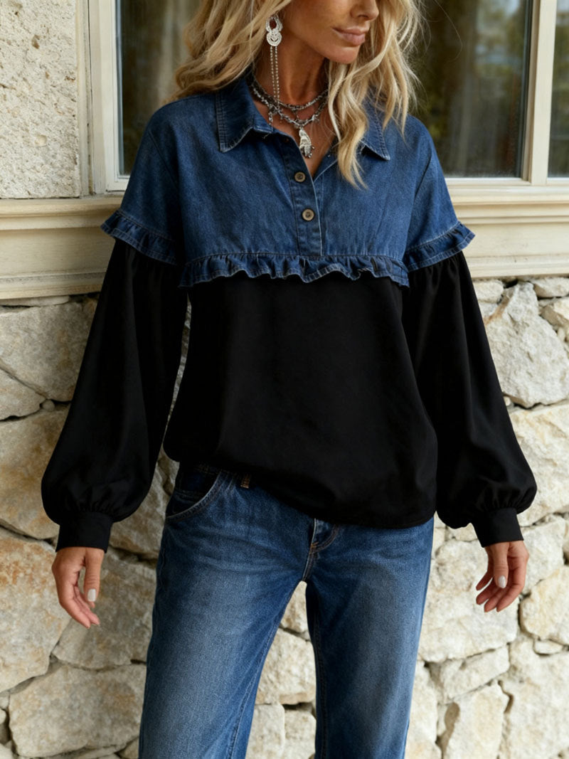 Oversized Patchwork Denim Sweatshirt Ruffle Collared Top