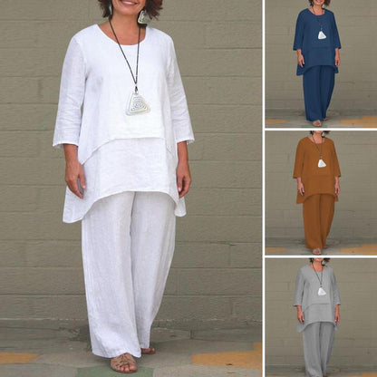 Linen Blend Two Piece Set Wide Leg Pants Plus Size Solid