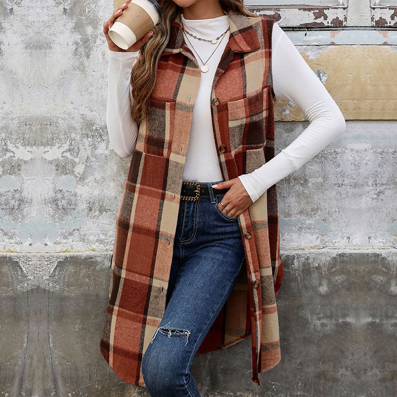 Vintage Plaid Sleeveless Lapel Vest Cardigan for Women