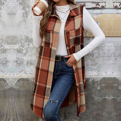 Vintage Plaid Sleeveless Lapel Vest Cardigan for Women