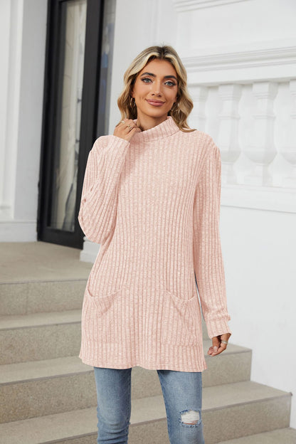 Women's Oversized Ribbed Mock Neck Tunic with Pockets