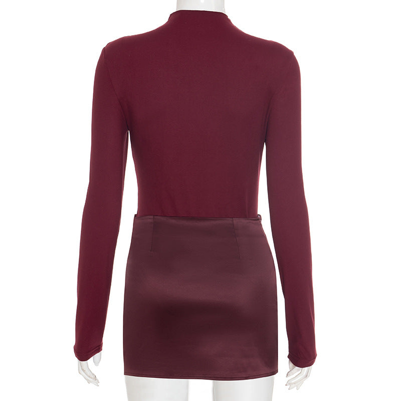 Long Sleeve Crew Neck Bodycon Mini Dress Satin Panel