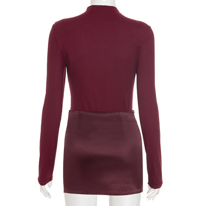 Long Sleeve Crew Neck Bodycon Mini Dress Satin Panel