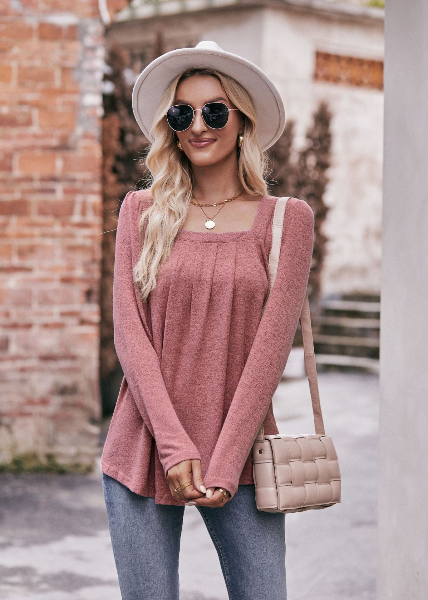 Square Neck Pleated Long Sleeve Top for Women