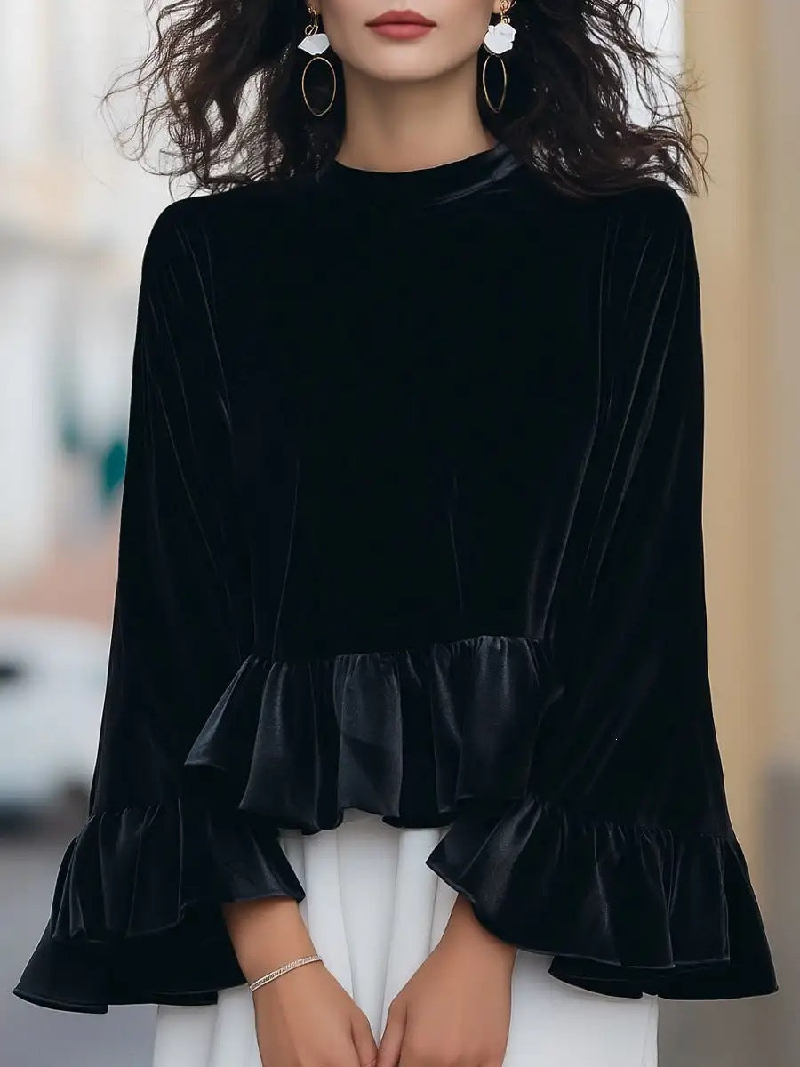 Women's Velvet Peplum Ruffle Long Sleeve Top