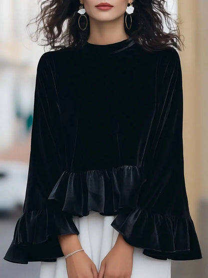 Women's Velvet Peplum Ruffle Long Sleeve Top