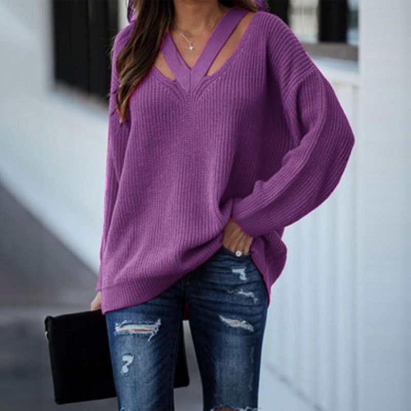 Women's Oversized V Neck Cut Out Knit Pullover Sweater